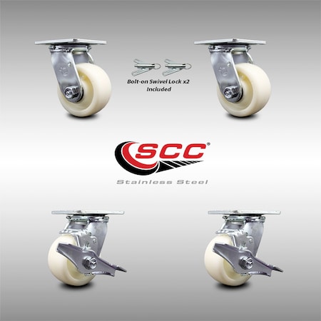 Service Caster 4 Inch Stainless Steel Nylon Caster Set with Ball Bearings 2 Swivel Lock 2 Brake SCC-SS30S420-NYB-BSL-2-TLB-2